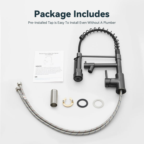 Warmiehomy 5 Modes Kitchen Taps Mixer with Pull Out Spray,High Arc 360° Swivel Dual Spout Pull Down Stainless Steel Kitchen Sink Taps,Brushed Nickel