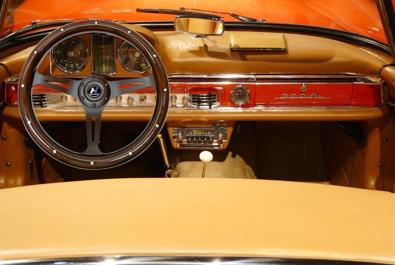 Hiracing 14" Universal Classic Wood Grain Steering Wheel Brushed 3 Spoke 1.5 Depth Steering Wheel with Horn Button 6 bolts (010)