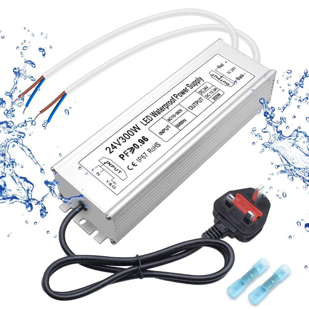 inShareplus LED Power Supply, 24V 300W IP67 Waterproof Outdoor Driver, AC 90-265V to DC 24V 12.5A Low Voltage Transformer, Adapter with 3-Prong Plug