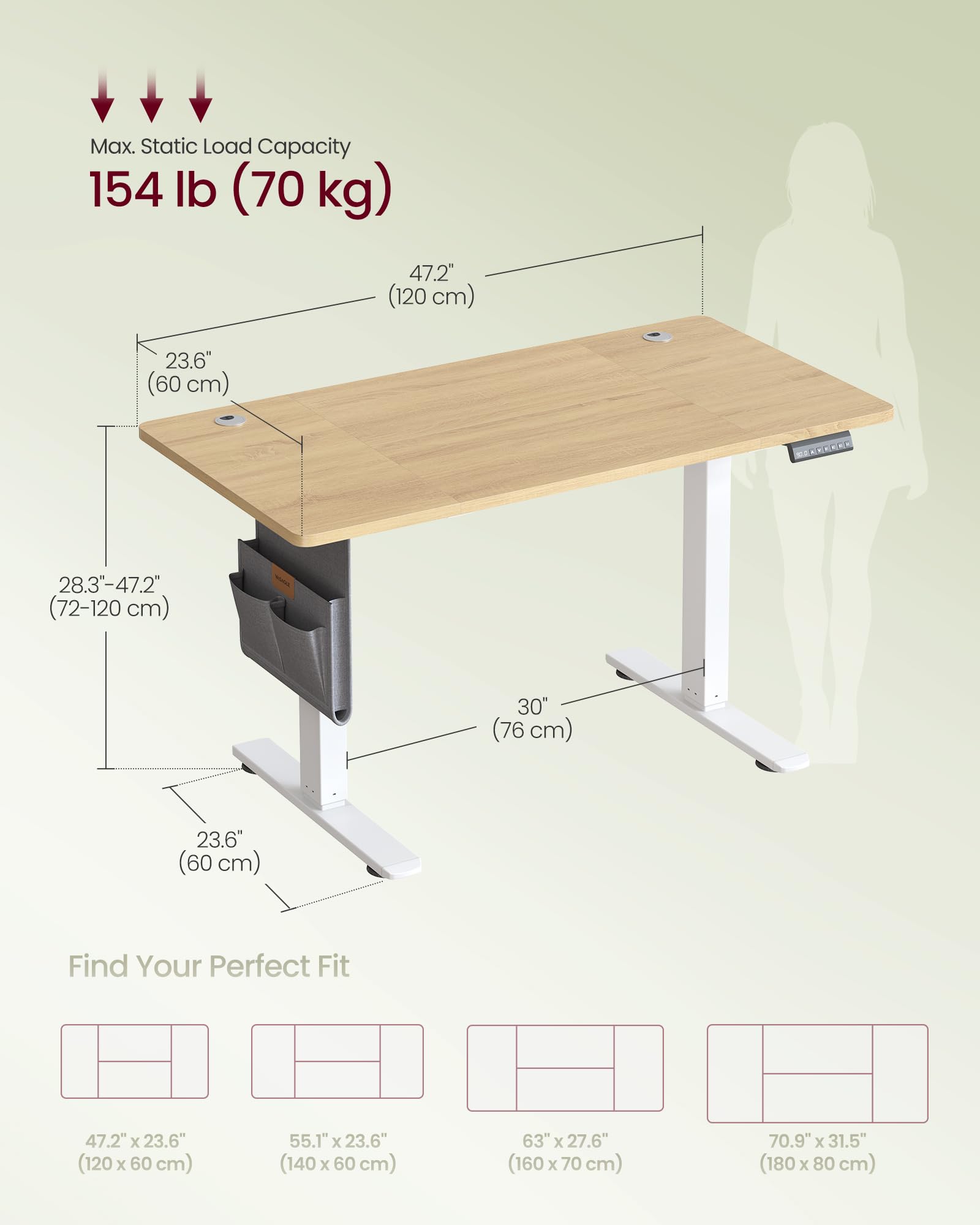 VASAGLE Electric Standing Desk, Height Adjustable Desk, 60 x 140 x (72-120) cm, 4 Memory Heights, Storage Pocket, for Home Office, Study, Rustic Brown and Ink Black LSD134K02