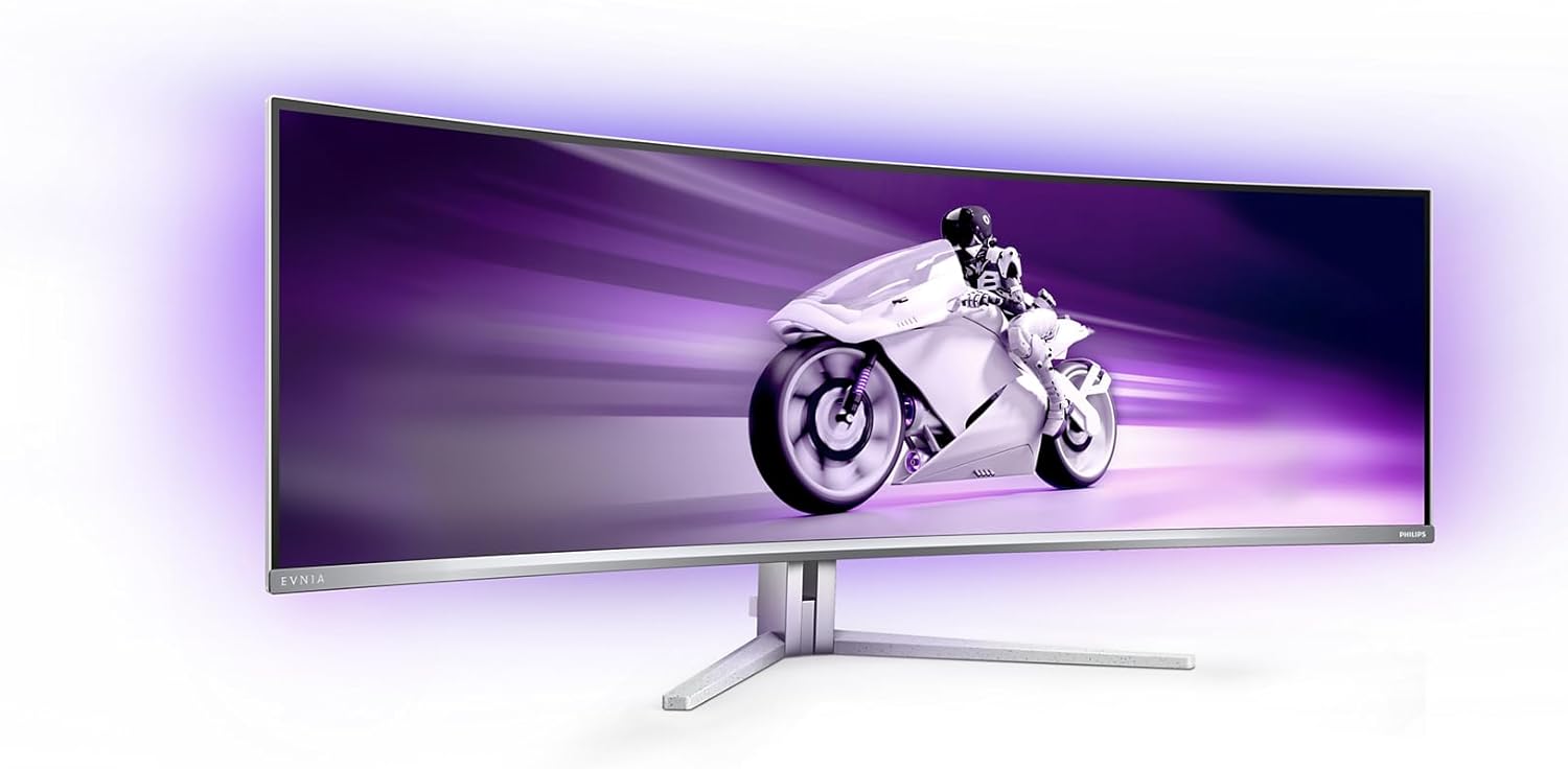 PHILIPS Evnia 49M2C8900L - 49 Inch DQHD OLED Curved Gaming Monitor, 144 Hertz, 0.03ms GtG, HDR400, Ambiglow, FreeSync Prem. Pro (5120x1440, HDMI 2.1, DisplayPort 1.4, USB-C, USB Hub) White