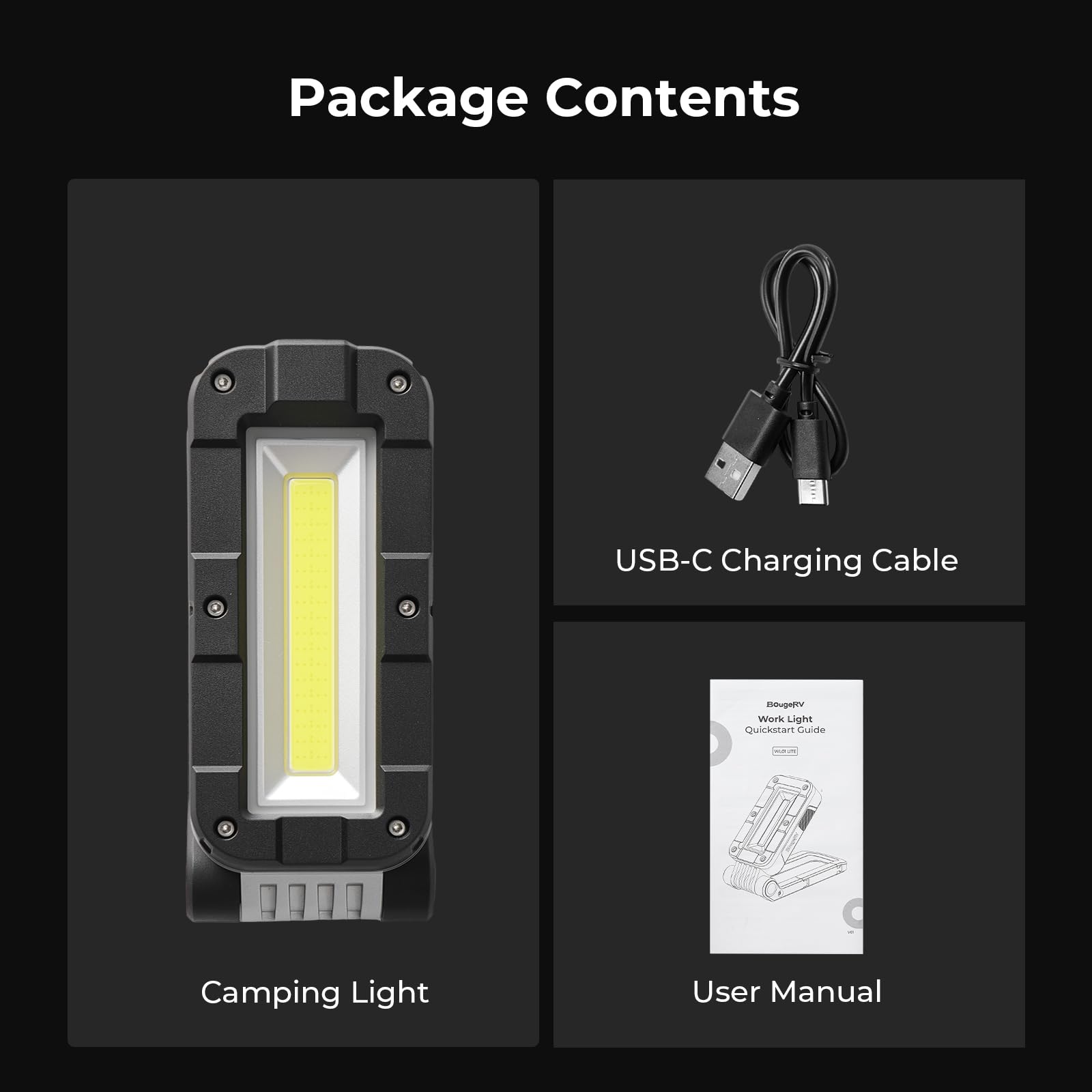 BougeRV WL01 PRO Work Light Rechargeable, 1500 Lumens Magnetic Inspection Light, Portable Lamp with 180° Rotating Stand & Hook, Multiple Lighting Modes for Car Repair, Camping, Outdoor, Emergency