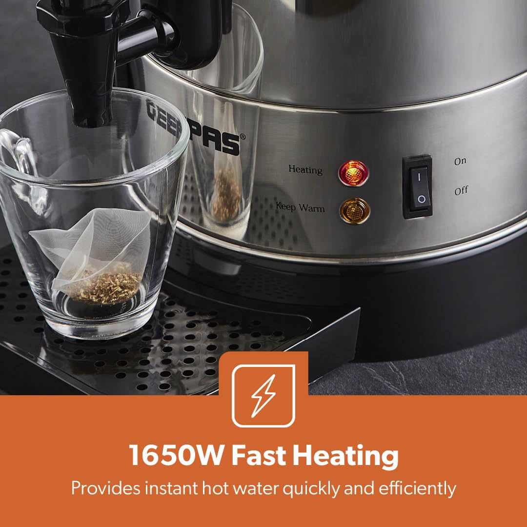 Geepas Electric Catering Urn, 1650W Instant Hot Water Boiler Dispenser - Tea Urn Kettle Home Brewing Commercial Office Use with Keep Warm - Easy Pour Tap, 15 Litre, Stainless Steel – 2 Year Warranty