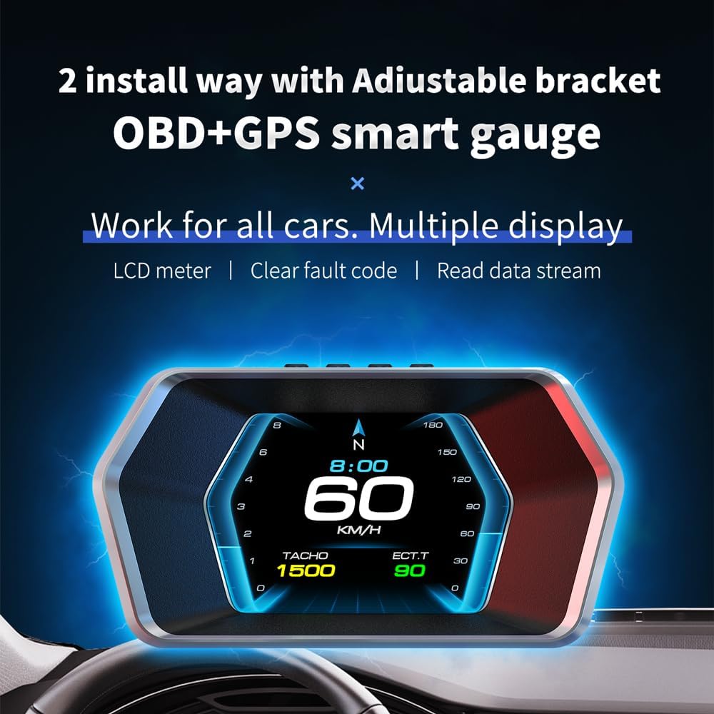 AMHVMU P17 HUD car heads up display,digital speedometer car mph,OBD2 plus GPS Dual System,Heads up Display Car,Water Temperature Gauge,Tachometer,Suitable for all Vehicle Models