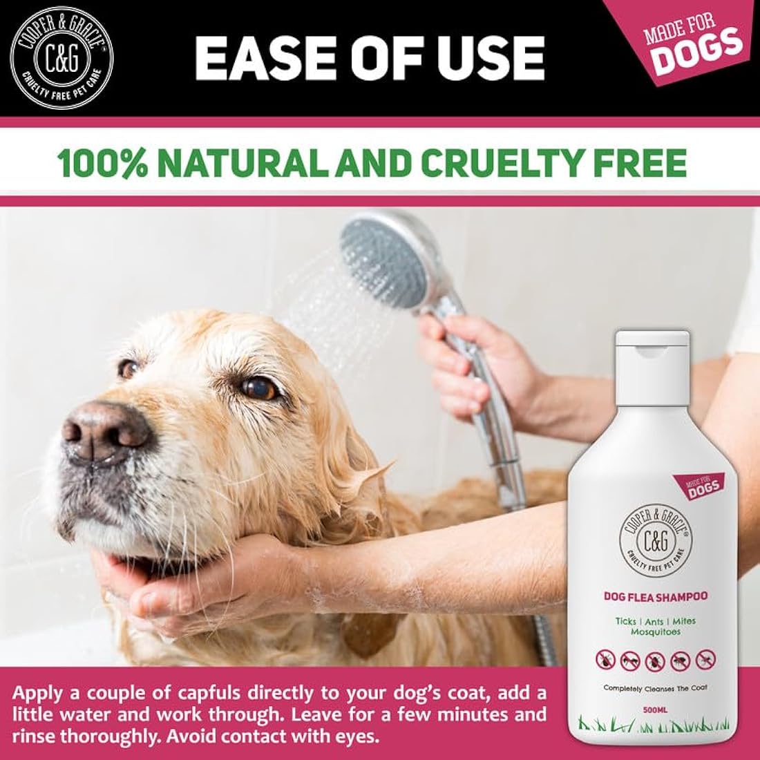 Dog Flea & Tick Shampoo for Itchy Skin 500ml - Medicated Flea & Tick Cleanser for Sensitive and Smelly Dogs - Antibacterial & Anti-Fungal Grooming Product