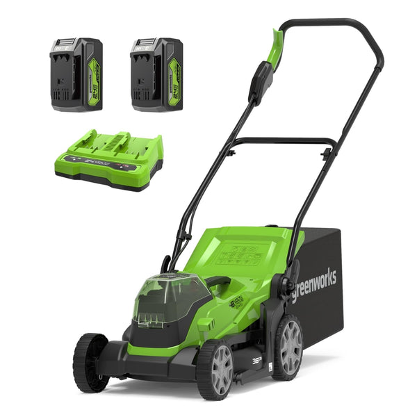 Greenworks G24X2LM36K4X Cordless Lawnmower for Lawns up to 420m², 36cm Cutting Width, 40L Bag PLUS Two of 2x24V(48V equivalent) 4Ah Batteries & Twin Charger, 3 Year Guarantee