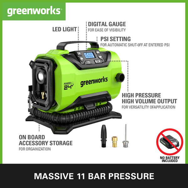 Greenworks G24IN Tyre Inflator Car Air Compressor Cordless Portable Air Pump, 11 Bar, 160 PSI Pressure Gauge, Auto Shut-Off WITHOUT 24V Battery & Charger, Green, Grey, Black