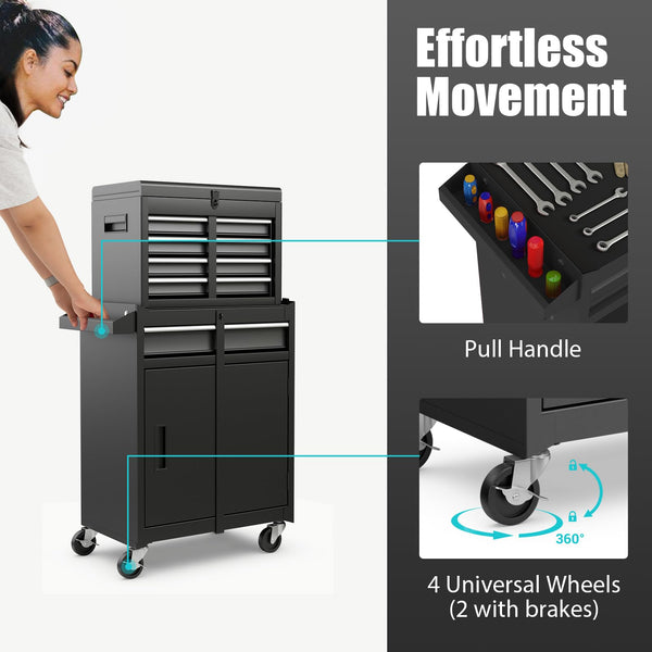COSTWAY Large Rolling Tool Cabinet, 2-in-1 Detachable Metal Tool Chest with Drawers, Wheel, Handle, Hooks & Pegboard, Lockable Tool Box Trolley for Garage Workshop (with Middle Compartment, Black)