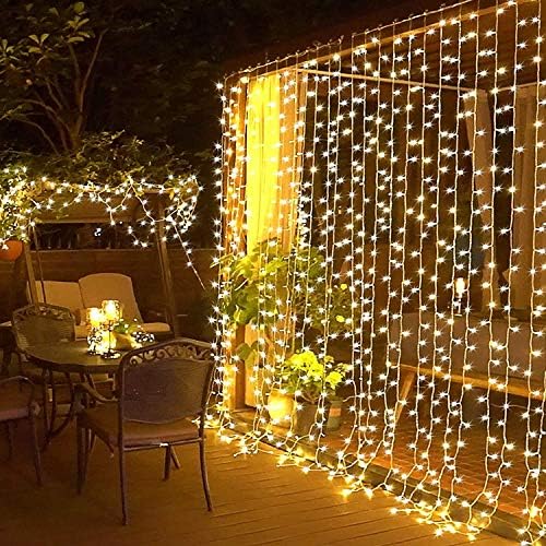 Elegear 6m x 3m Curtain Lights Mains Powered 600 LED, Plug in Outdoor Waterfall Fairy String Lights with 8 Modes for Christmas, Xmas, Garden, Patio, Wedding, Bedroom, Inodoor Decoration, Warm White