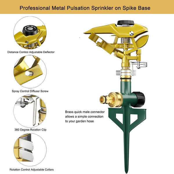 FANHAO Heavy Duty Pulsating Lawn Sprinkler on Spike Base, 100% Metal Impact Sprinkler with Adjustable Spray Pattern for Lawn Yard Irrigation, 360