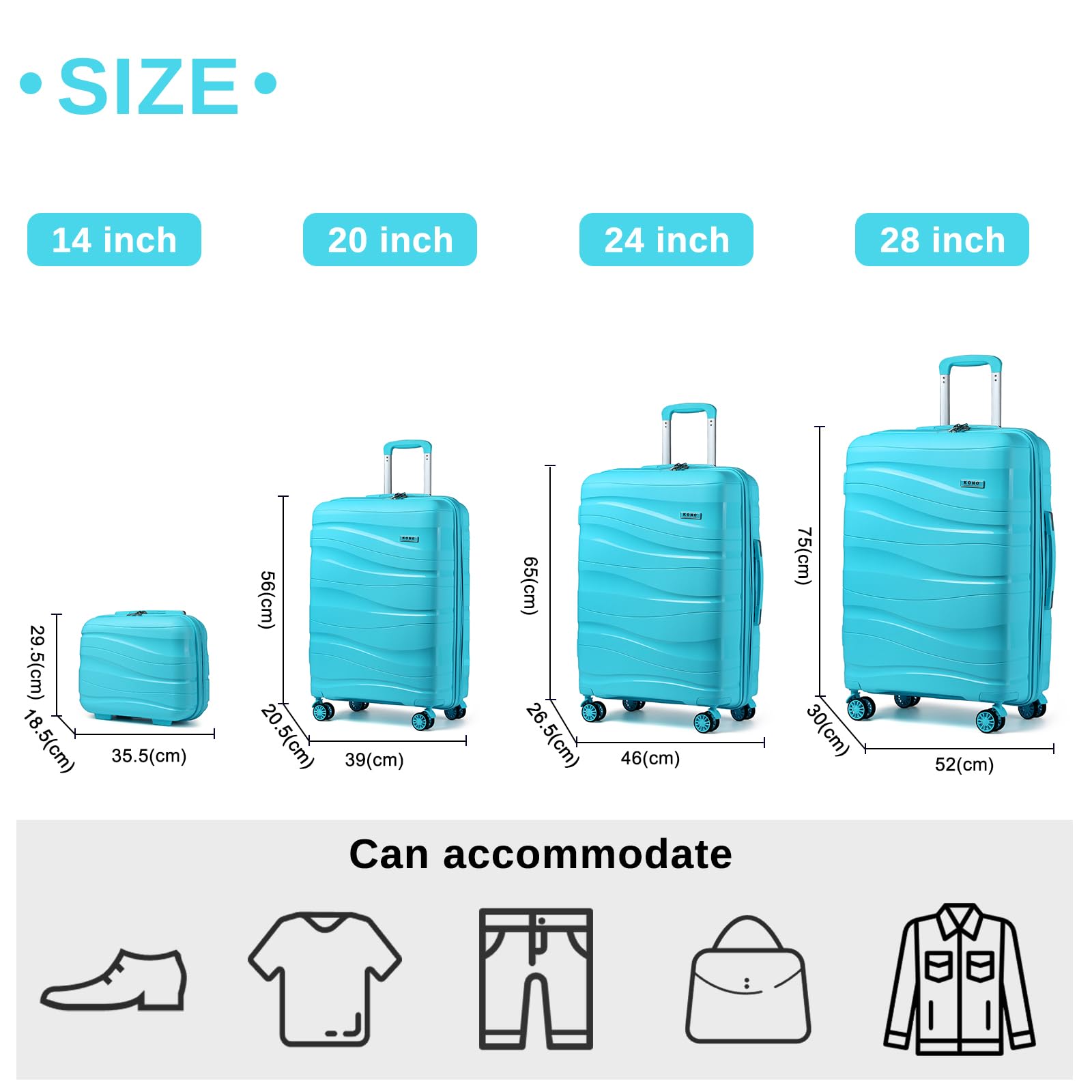 Kono Luggage Sets of 2 Piece Lightweight Polypropylene Hard Shell Suitcase with TSA Lock Spinner Wheels Travel Carry On Hand Cabin Luggage with Beauty Case (Set of 2, Black)