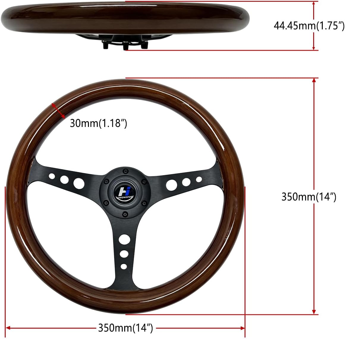 Hiracing 14" Universal Classic Wood Grain Steering Wheel Brushed 3 Spoke 1.5 Depth Steering Wheel with Horn Button 6 bolts (010)