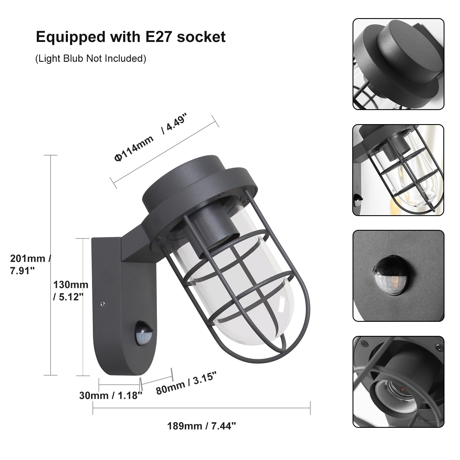 DAWALIGHT Outdoor Wall Light Mains Powered PIR IP44 Waterproof Outside Lights Lantern Style LED Motion Sensor with E27 Socket for External Patio