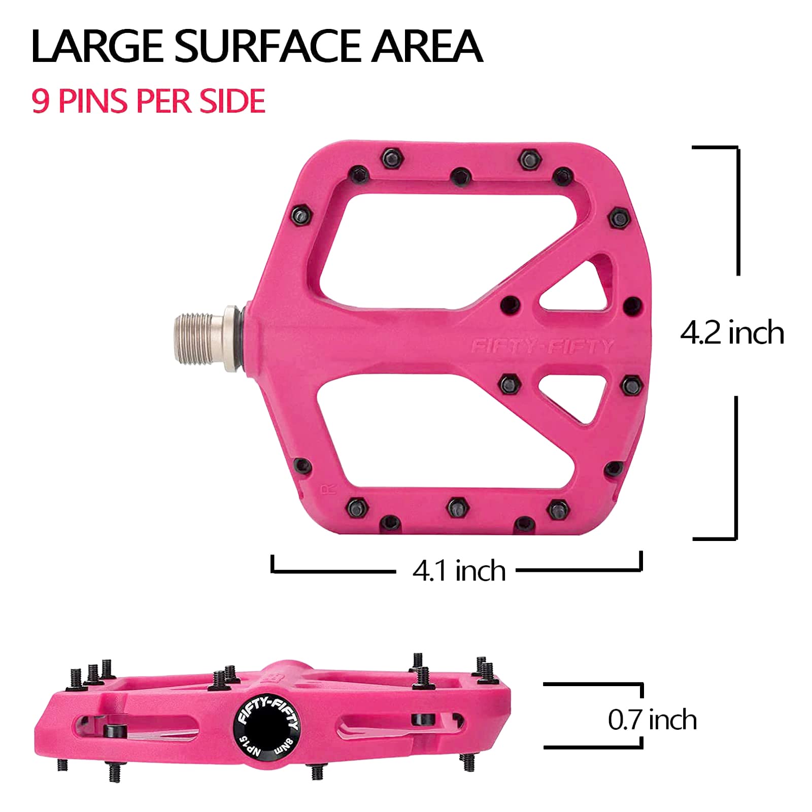 FIFTY-FIFTY Mountain Bike Pedals, Non-Slip MTB Nylon Composite, 9/16" Bicycle Pedals, Lightweight and Wide Flat Platform (Pink)