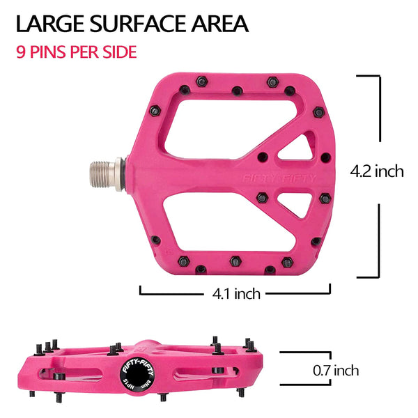 FIFTY-FIFTY Mountain Bike Pedals, Non-Slip MTB Nylon Composite, 9/16" Bicycle Pedals, Lightweight and Wide Flat Platform (Pink)