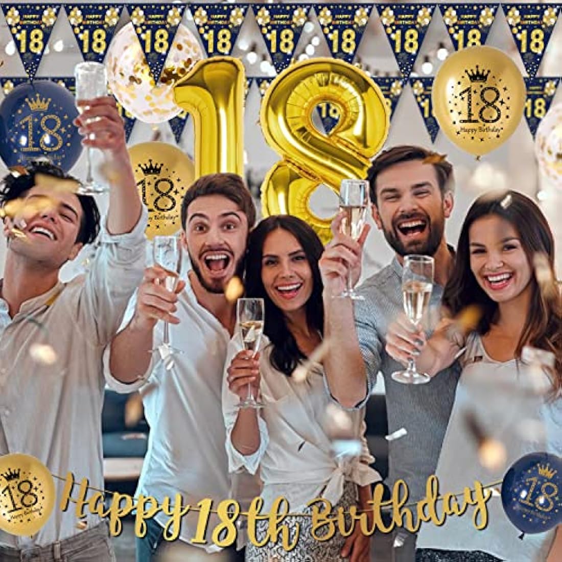 18th Birthday Decorations Boys Blue Gold Happy 18th Birthday Banner, 18th Birthday Balloons, Navy Blue Gold Latex Balloons Party Decorations Confetti Balloons for Boys 18 Birthday Party Supplies