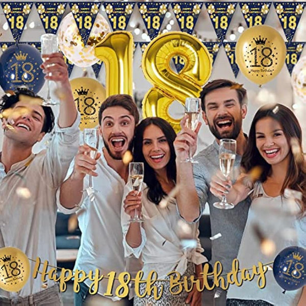 18th Birthday Decorations Boys Blue Gold Happy 18th Birthday Banner, 18th Birthday Balloons, Navy Blue Gold Latex Balloons Party Decorations Confetti Balloons for Boys 18 Birthday Party Supplies