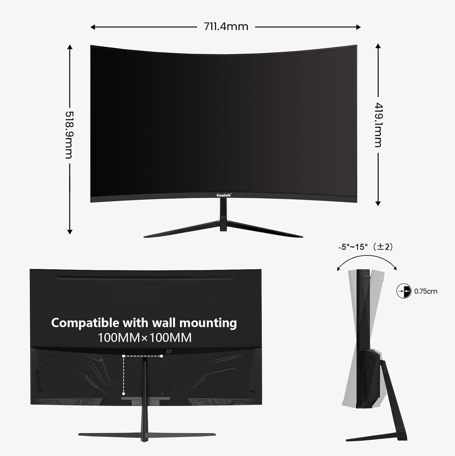 Gawfolk 34 Inch Ultrawide Curved 144Hz Gaming Computer Monitor 1500R PC Screen 21:9 UWQHD (3440x1440),Adaptive Sync,178° Viewing Angle,Display Port、HDMI 2.0, VESA75x75MM-Black