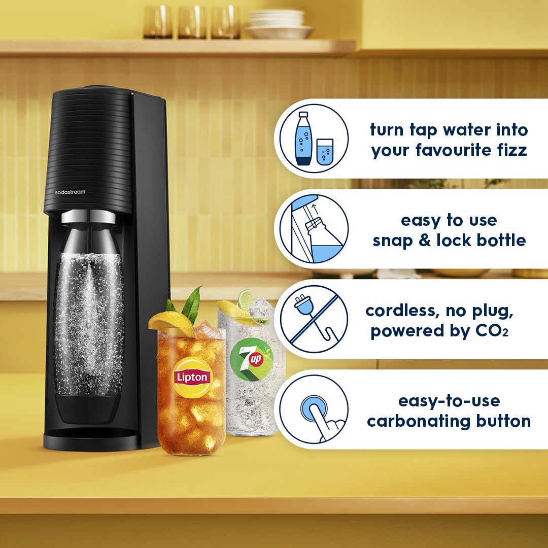 SodaStream - Terra Sparkling Water Maker, Quick Connect CO2 System, Includes 60L Gas Cylinder, BPA-Free 1L Bottle, Eco-Friendly & Reduces Plastic Waste, Black