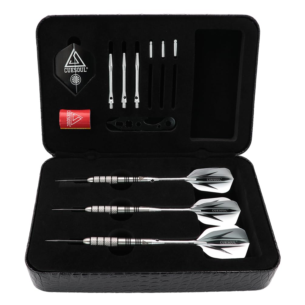 CUESOUL 90% Tungsten Steel Dart 22/24/26/28/30 Grams Darts Set Center Weighted Enhanced Control, Knurled Surface Supergrip, Aluminum Shafts Case