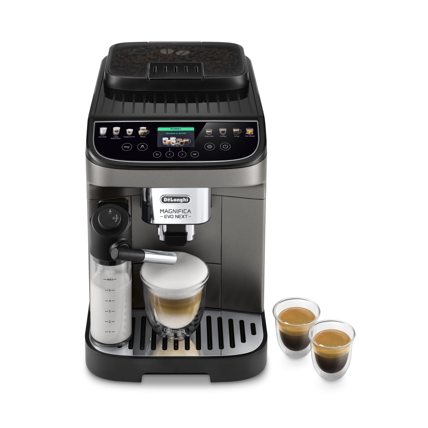 De'Longhi Magnifica Evo Next ECAM312.80.TB, Automatic Coffee Machine With Automatic Milk Frother, Bean To Cup Coffee and Cappuccino Machine with Intuitive Touch Display, Black/Titanium