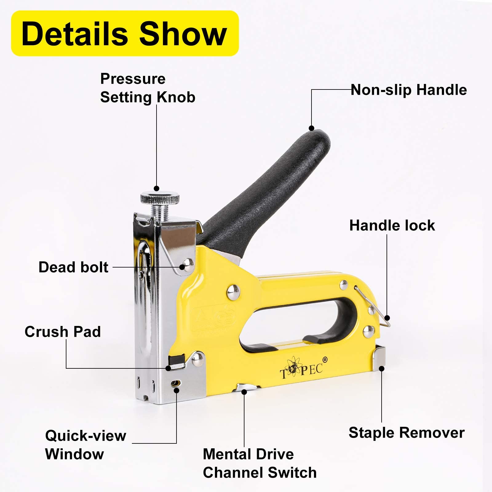 Upholstery Staple Gun Heavy Duty, TOPEC 3-in-1 Stapler Gun with 600 Staples, Manual Brad Nailer Power Adjustment Stapler Gun for Wood, Crafts, Carpentry, Decoration DIY