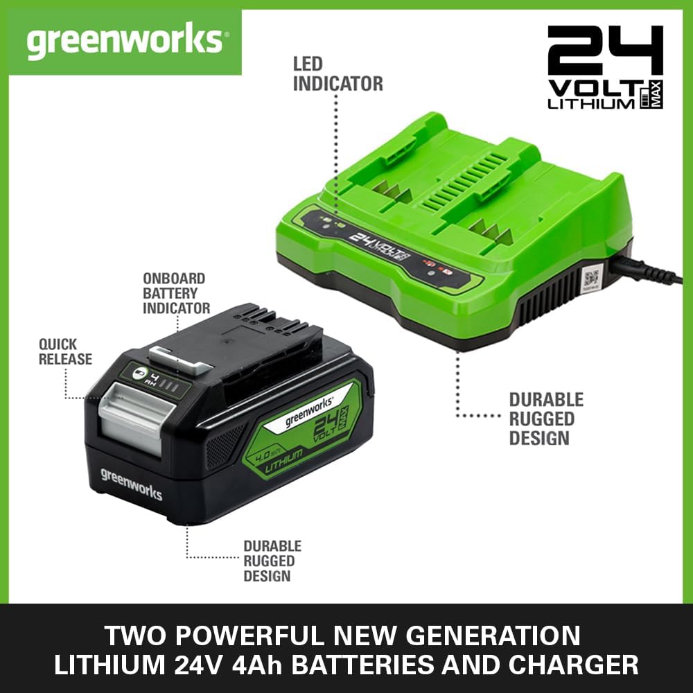 Greenworks 24V Batteries & Dual Slot Charger. Two of 4Ah Battery, Original Greenworks Rechargeable Battery for All 24V Devices. 48W Output 4A Voltage Charges in 60Mins. Battery G24B4 & Charger G24X2C