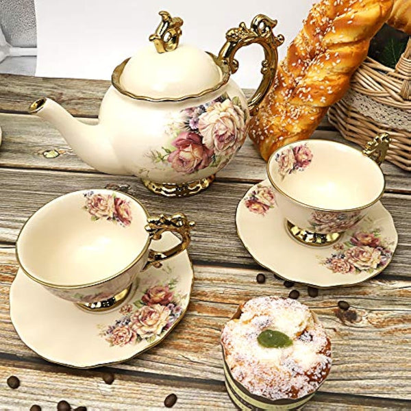 fanquare 15 Pieces British Royal Afternoon Tea Set, Floral Golden Porcelain Tea Cups and Saucers with Teapot, Elegant Wedding China Tea Service for Adults
