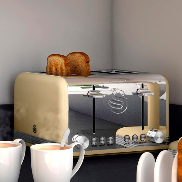 Swan ST19020GRN Retro 4-Slice Toaster with Defost/Reheat/Cancel Functions, Cord Storage, 1600W, Retro Grey