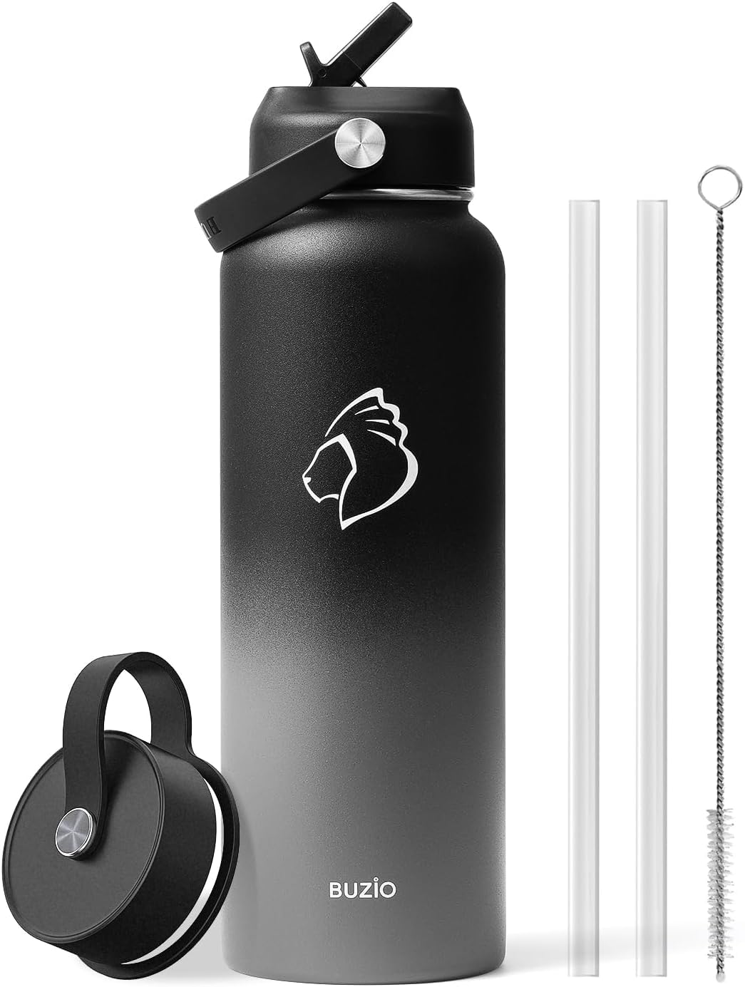 Stainless Steel Water Bottle 2L, BUZIO Vacuum Insulated Water Bottle with Straw Lid and Flex Cap Cold for 48 Hrs, Hot for 24 Hrs Double Wall Wide Mouth BPA Free Leak Proof, Black