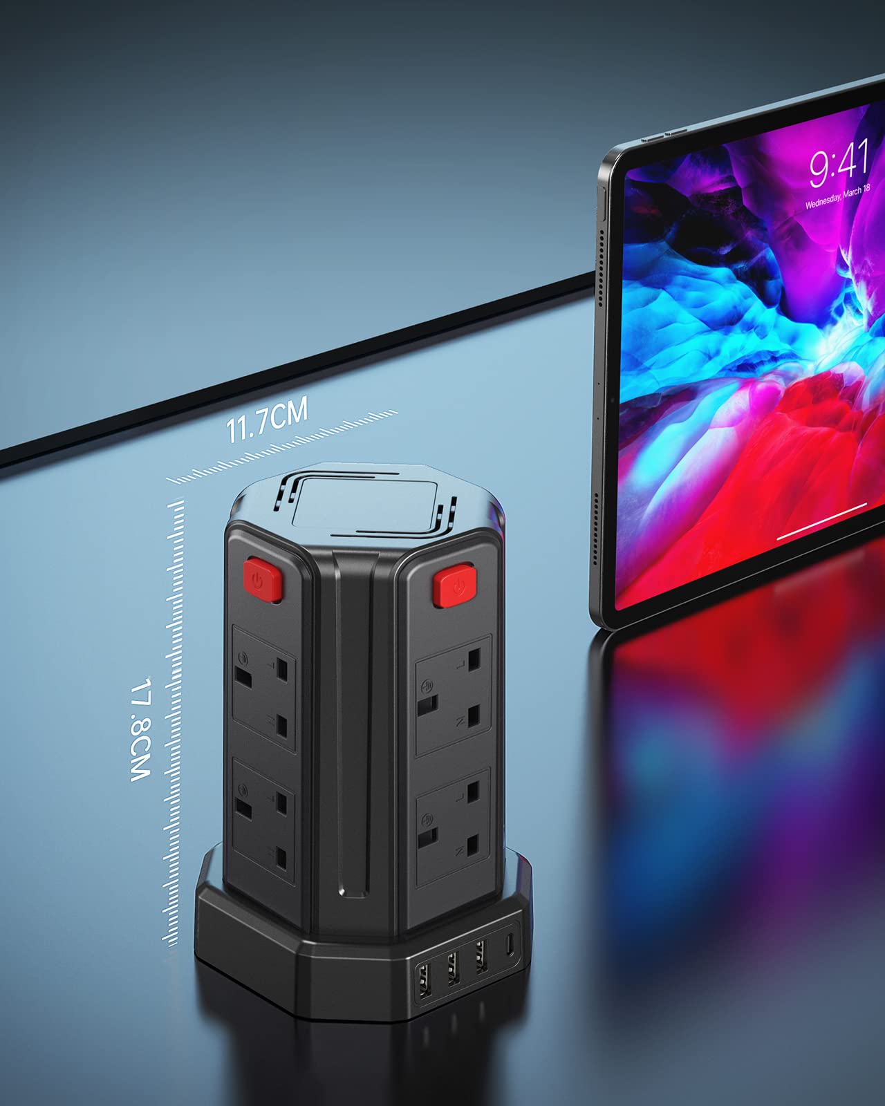 Tower Extension Lead, (3250W 13A) Extension Tower 8 AC Outlets & 4 USB Ports, Surge Protection Extension Lead with 4 Independent Switch, 17W USB C Ports Extension Cable 3M for Office, Home, Kitchen