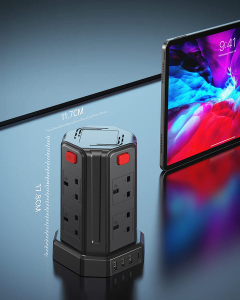 Tower Extension Lead, (3250W 13A) Extension Tower 8 AC Outlets & 4 USB Ports, Surge Protection Extension Lead with 4 Independent Switch, 17W USB C Ports Extension Cable 3M for Office, Home, Kitchen