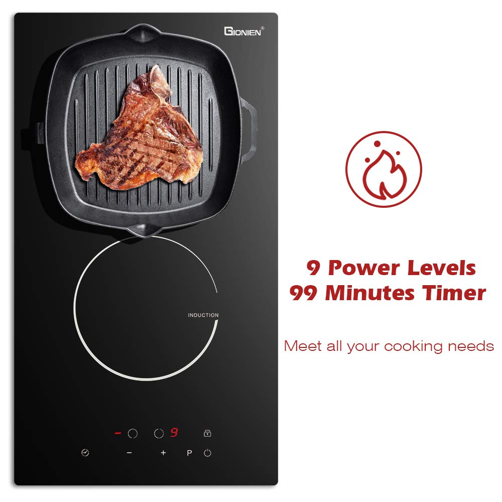 GIONIEN Plug in Induction Hob 2 Rings,Domino Hobs,30cm Electric Cooktop 2800W 13 Amp, Built in Worktop,Black Glass Smooth Worktop,Double Induction Cooker GIT230SP