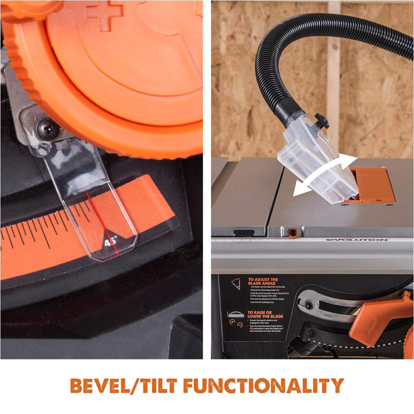 Evolution Power Tools R255TBLX+ Table Saw With Stand (Next Gen Rage 5-S) Multi-Material Cutting Blade Included Cuts Wood Metal Plastic, 45˚ Bevel, +/- 60˚ Mitre Angle, 85mm Cut Depth, 1800w Motor 240v