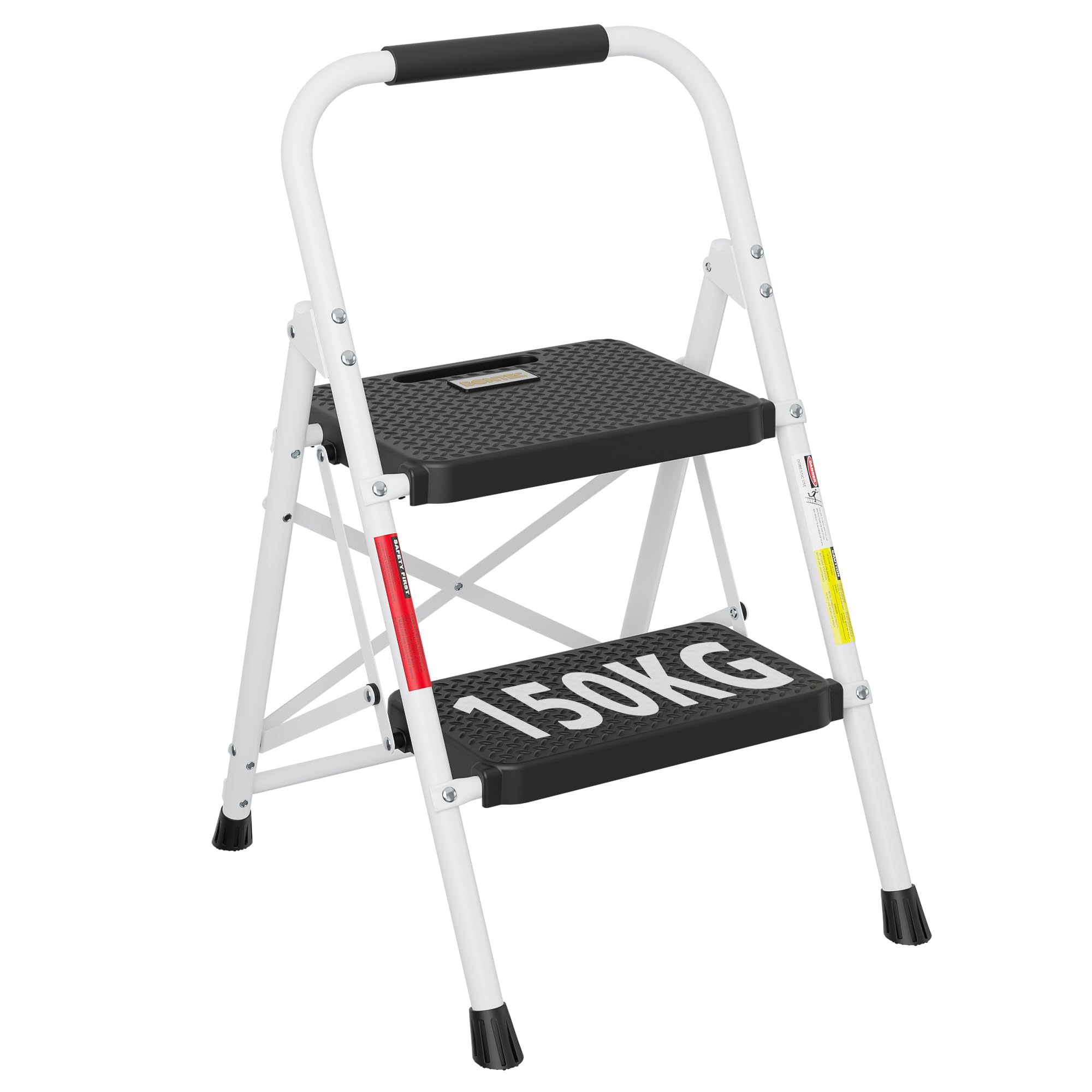 BONTEC 2 Step Ladder, Capacity 150KG with Wide Anti-Slip Pedals, Folding Steel Step Stool, Sponge Handlebar, Lightweight Portable Ladder Suitable for Home, Kitchen, Pantry, Indoor/Outdoor Use, Black