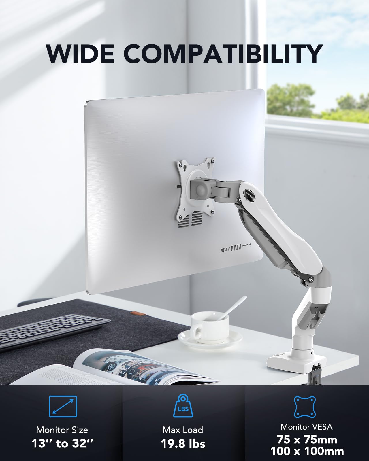HUANUO Single Monitor Arm Desk Mount for 13 to 32 inch Screens, Tool Free Height Adjustable Monitor Stand with Tilt Swivel Rotate, 75 & 100mm VESA Mount, Load 19.8 lbs, C-clamp & Grommet Options