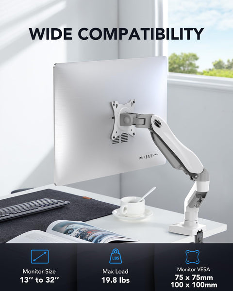 HUANUO Single Monitor Arm Desk Mount for 13 to 32 inch Screens, Tool Free Height Adjustable Monitor Stand with Tilt Swivel Rotate, 75 & 100mm VESA Mount, Load 19.8 lbs, C-clamp & Grommet Options