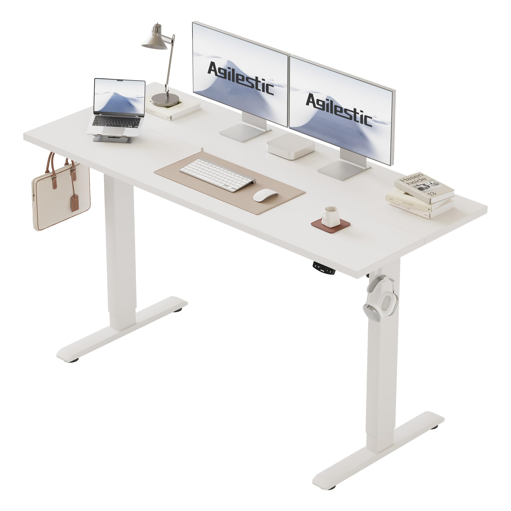 Agilestic L-Shaped Electric Standing Desk, 140cm Height Adjustable Sit-Stand Desk for Home Office, Ergonomic Computer Desk with Spliced Board, White