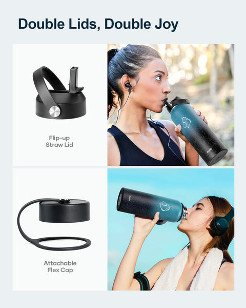 Stainless Steel Water Bottle 2L, BUZIO Vacuum Insulated Water Bottle with Straw Lid and Flex Cap Cold for 48 Hrs, Hot for 24 Hrs Double Wall Wide Mouth BPA Free Leak Proof, Black