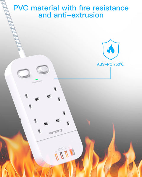 4 Way Surge Protected Extension Lead with USB Slots, HANYCONY Extension Cable with Double Switches, Plug Extension Socket 1.8M Braided Extension Cord for Home Office Accessories, Gray