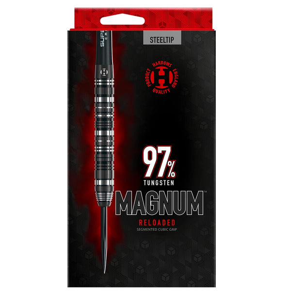 Harrows Magnum Reloaded 97% Tungsten Steel Tip Darts Set 22g, 23g, 24g, & 25g - Includes Slim Parallel Barrel, Silver Supergrip Carbon Midi Shafts &