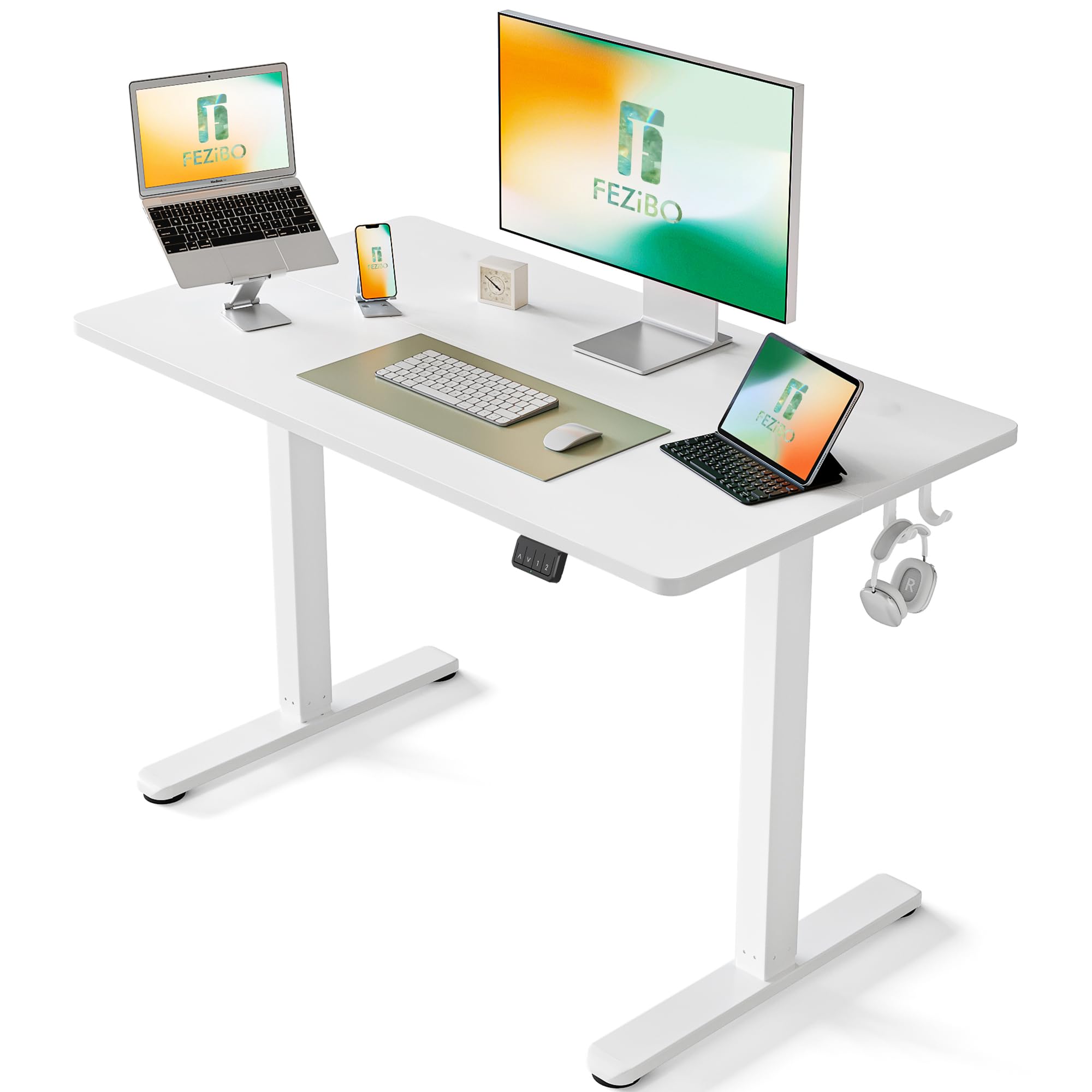 FEZIBO Height Adjustable Electric Standing Desk, 120 * 60 cm Stand up Table, Sit Stand Home Office Desk with Splice Board, White Frame/Maple Top