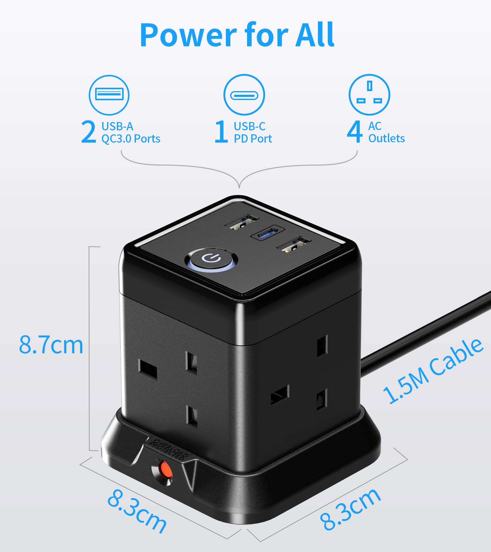 Hulker 3M Cube Extension Lead with 3 Slots 4 Gang Plug Socket with Switch 4 Way Power Strip with 3 USB Port 3 Metre Extension Cable Black 13A 3250W for Home Dorm Office