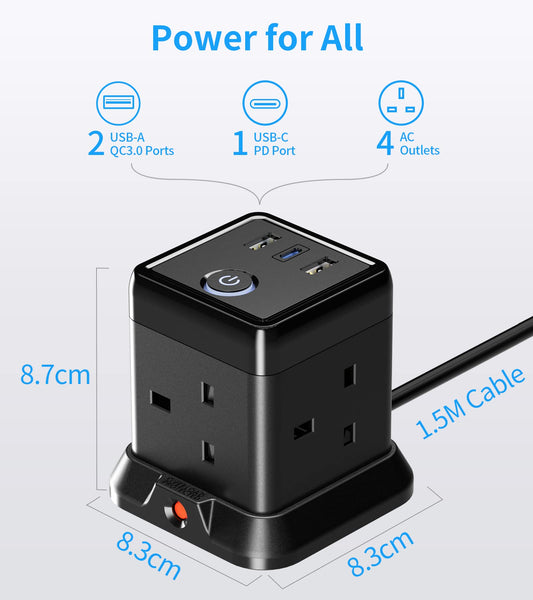 Hulker 3M Cube Extension Lead with 3 Slots 4 Gang Plug Socket with Switch 4 Way Power Strip with 3 USB Port 3 Metre Extension Cable Black 13A 3250W for Home Dorm Office
