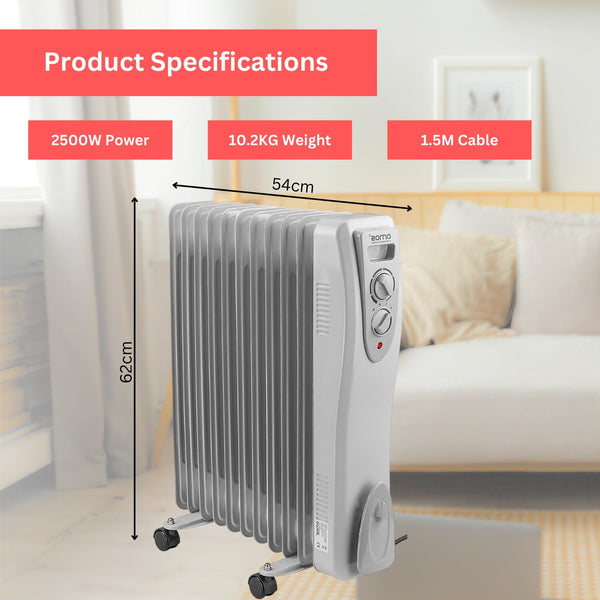 AMOS 1500W Electric Oil Filled Radiator Heater 7-Fin Portable Thermostat Heating Appliance with 3 Heat Settings, Safety Shut Off, and Power Indicator Light