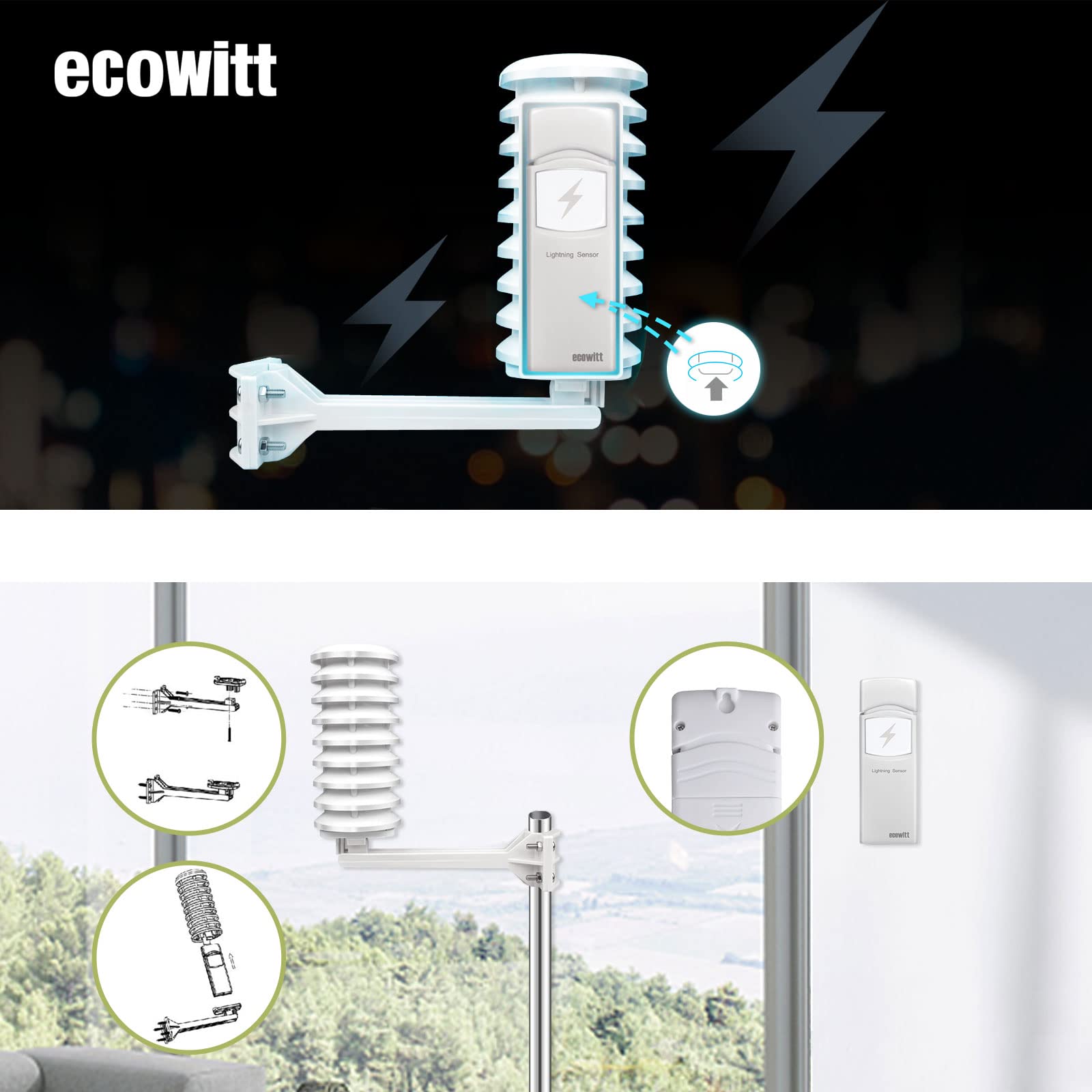 Ecowitt Wireless Lightning Detector Sensor, Accessory Sensor for Ecowitt Weather Station Ecosystem, WH57