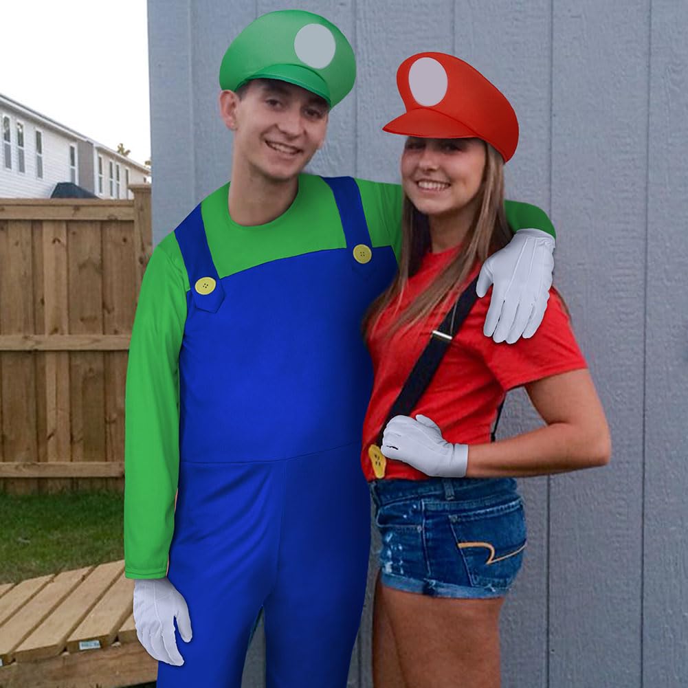 Aomig Mario Costumes, 4 Pack Mario Cosplay Costume Accessories Kits with Bodysuit, Luigi Hats Cap, Mustaches, White Gloves, Mario Luigi Bros Fancy Dress Outfit Costume for Women Men