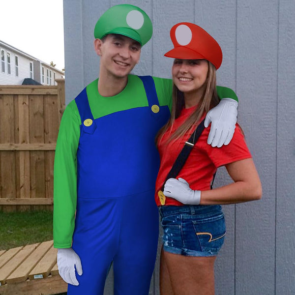 Aomig Mario Costumes, 4 Pack Mario Cosplay Costume Accessories Kits with Bodysuit, Luigi Hats Cap, Mustaches, White Gloves, Mario Luigi Bros Fancy Dress Outfit Costume for Women Men