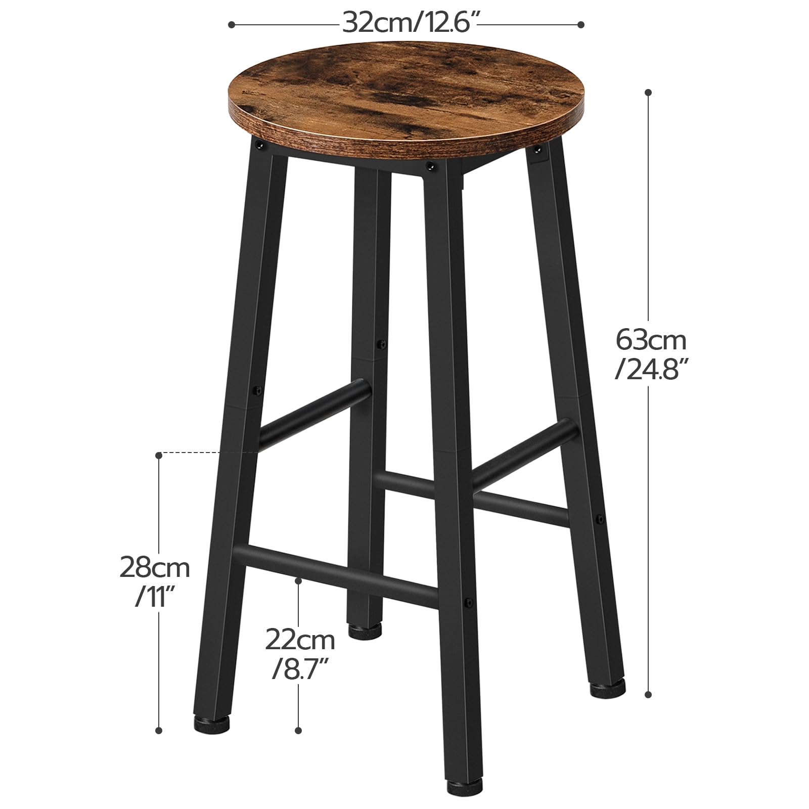 HOOBRO Bar Stools Set of 2, Kitchen Breakfast Bar Chiars, Industrial 63 cm Height Stools for Dining Room, Kitchen, Solid and Stable, Rustic Brown and