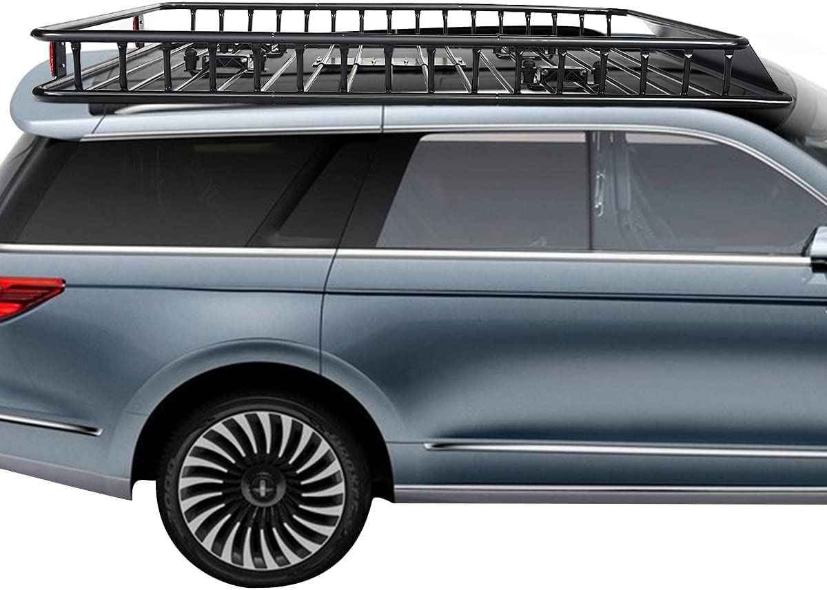 Roof Rack Basket Tray, Steel Luggage Cargo Carrier with Bars & Wind Fairing, Rooftop Luggage Holder for Car SUV Truck Jeep (116-162x99x15cm, 113kg Capacity)